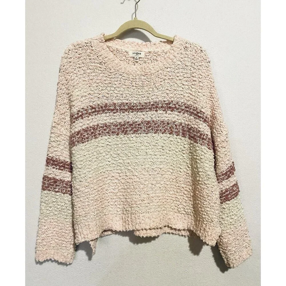 Umgee Sweater Womens Medium Pink Striped Textured Cropped Chunky Comfy Boho